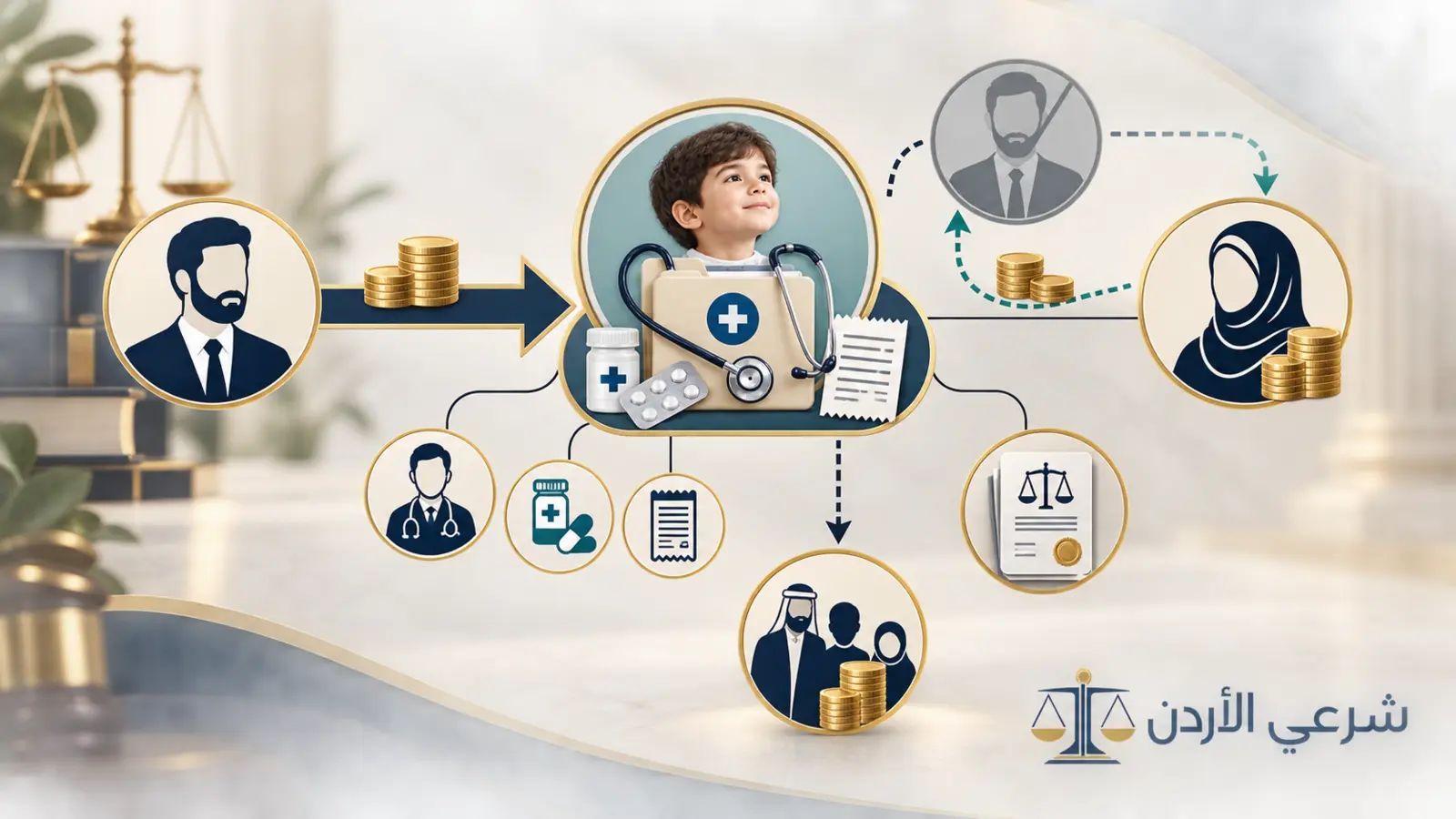 إنفوجرافيك يوضح ترتيب تحمل تكاليف علاج الطفل بين الأب والأم ومن يليهما