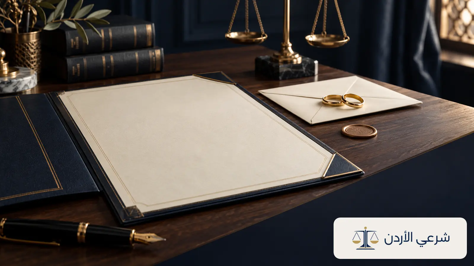 عقد زواج وخاتما زفاف يرمزان إلى شرط عدم التعدد في عقد الزواج الأردني مع شعار شرعي الأردن