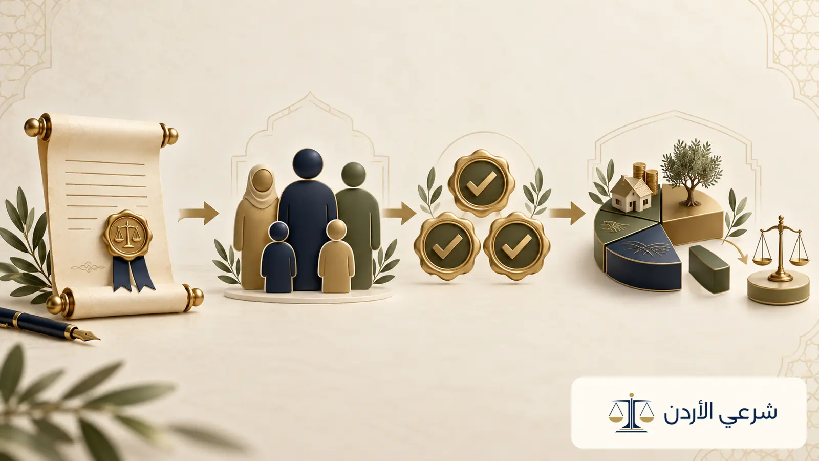 إنفوجرافيك يوضح مسار تنفيذ الوصية للوارث من التحقق من صفة الوارث إلى إجازة بقية الورثة وتقسيم التركة